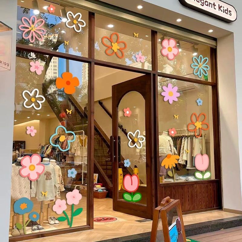 镜面橱窗美化装饰贴画奶茶店幼儿园ins门店创意花艺卡通静电贴