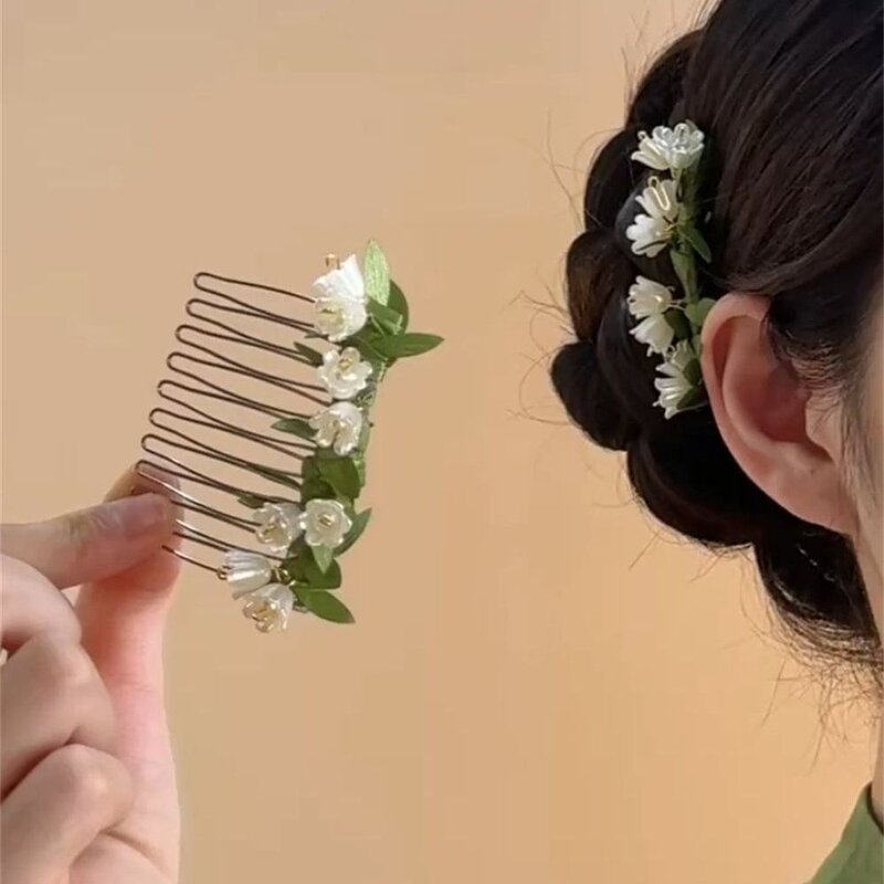 清新甜美铃兰珍珠倒插发梳女士出游穿搭仙气森系发丝固定发饰