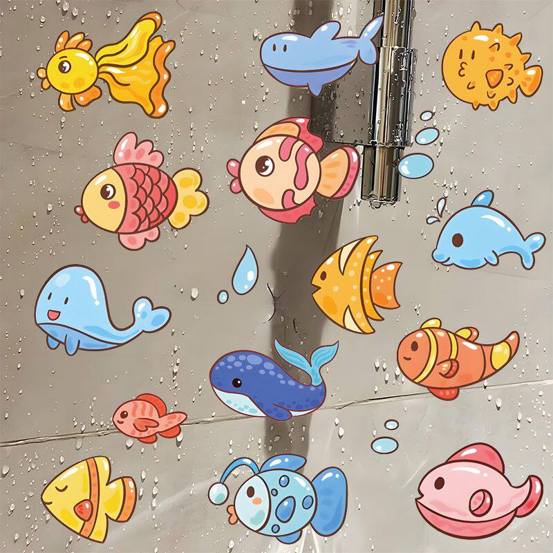呆萌海洋小鱼自粘墙贴出租屋浴室冰箱桌面防水美化贴画