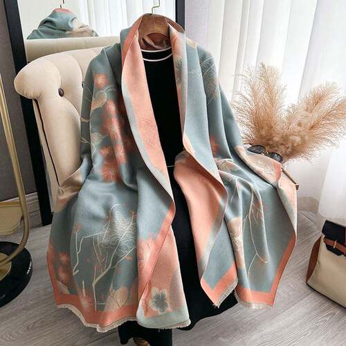 2024 Floral Print Tassel Shawl Casual Warm Double Sided Boho