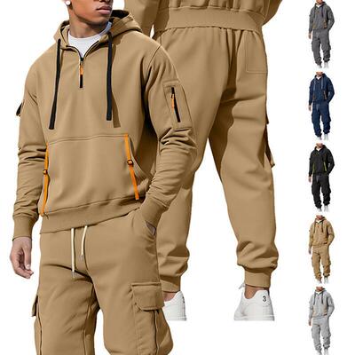 Men Fall Winter Hooded Casual Tracksuit Set featuring zip