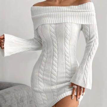 Women Casual Color Off Shoulder Fitted Knit Sweater Dress