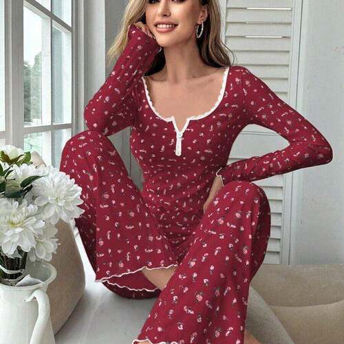 Women Sexy V Neck Print Pajama Set Slim Sleeve Button Up
