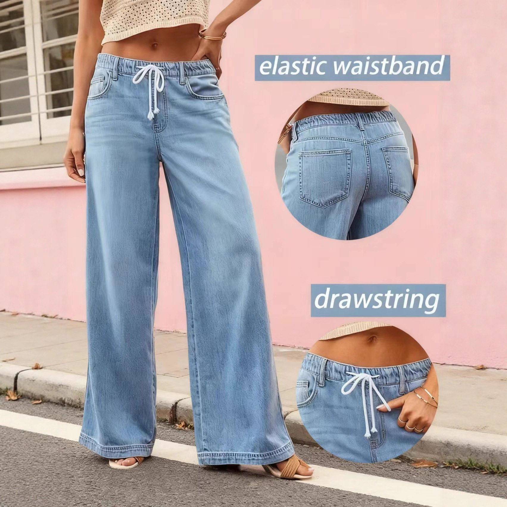 Rise Dark Wash Elastic Waistband Featherweight Palazzo Jeans图片