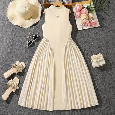 Toddler Girl Color Pleated Sweater Dress Plain Casual