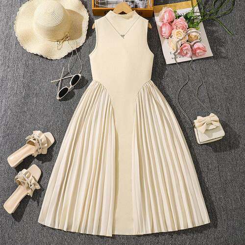 Toddler Girl Color Pleated Sweater Dress Plain Casual