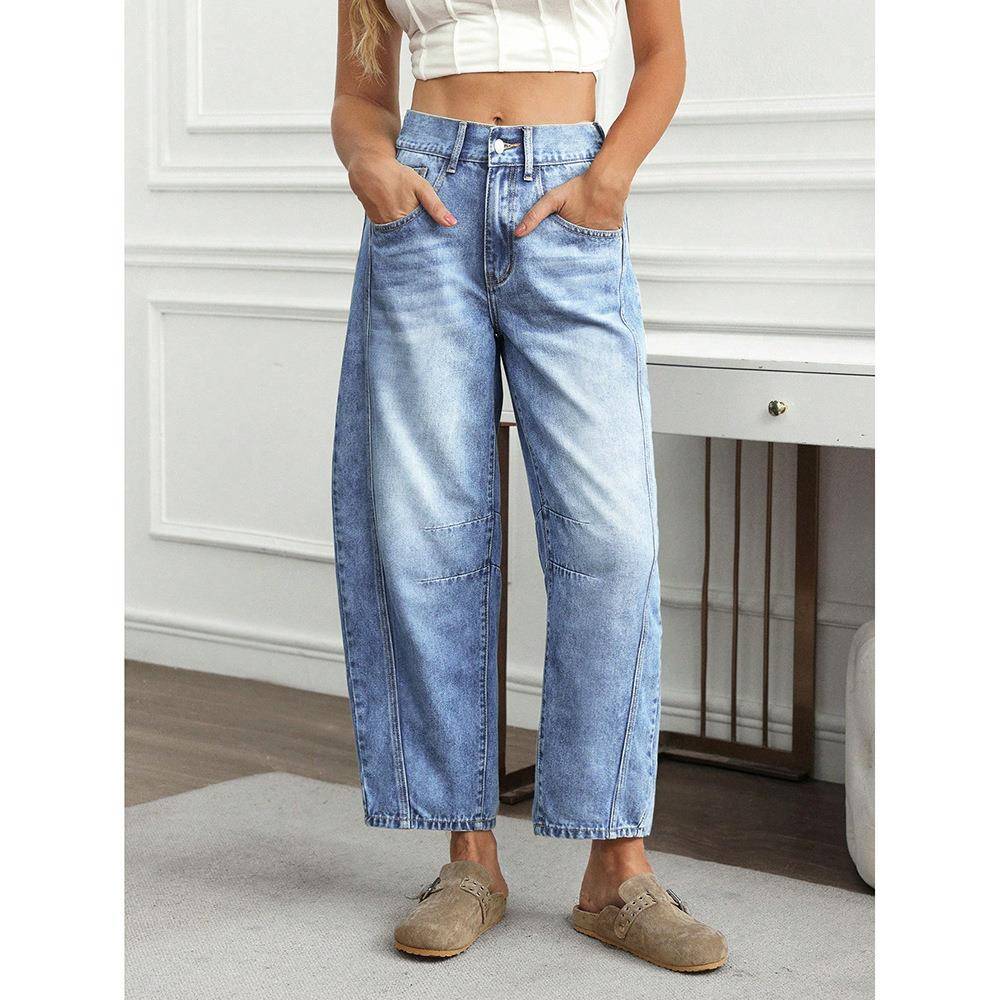 Genleck Barrel Jeans Women Leg Cropped Waisted Baggy Mom