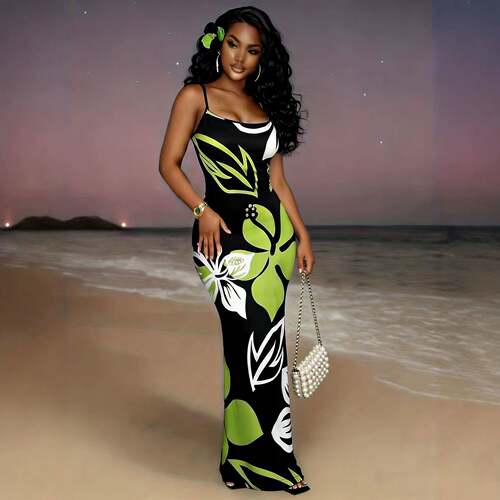 Tropical Floral Print Backless Sleeveless Maxi Dress