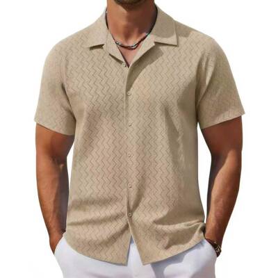 Men Jacquard Sleeve Shirt Button Shirts Casual Comfy Summer