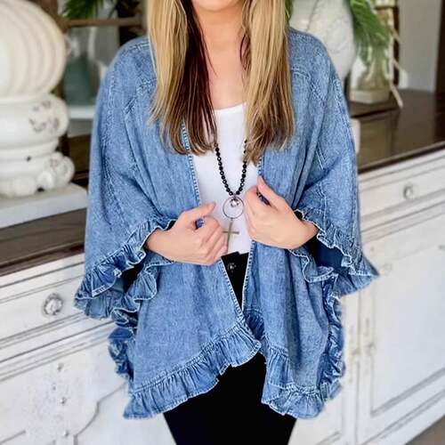 Women Batwing Sleeve Lightweight Ruffled Cardigan Shirt