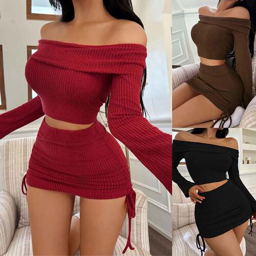 Women Warm Color Sleepwear Loungewear Set Sexy One Shoulder
