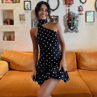 Summer Sleeveless Halter Backless Polka Dot Slim Beach Dress