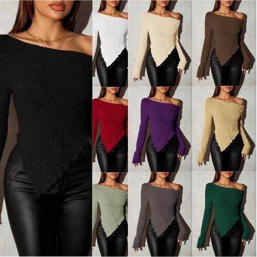 Women Nude Asymmetrical Neck Knit Sleeve Sweater Casual