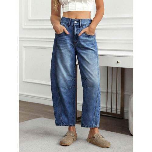 Genleck Baggy Leg Jeans Mid Rise Barrel Cropped Pants