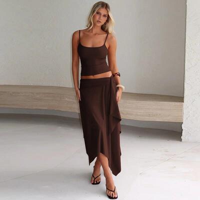 Women Summer Tank Tops Midi Skirt Two Set Outfit Basic