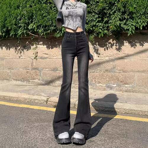 Women Y2K Aesthetic Feminine Elastic Waist Flare Pants Plain