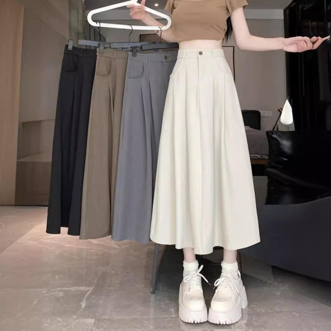 Waisted Blend Tweed Midi Skirt Women Line Pleated Flare