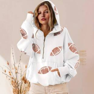 Buenoble Women Football Sequin Hoodie Day Zip Pullover Print