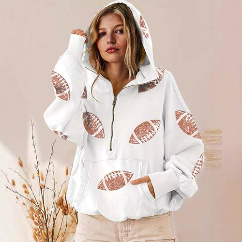 Buenoble Women Football Sequin Hoodie Day Zip Pullover Print