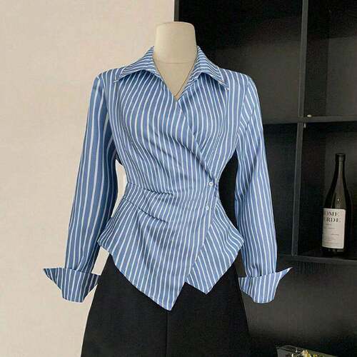 Women Casual Fitted Stripe Shirt Blouse Spring Autumn