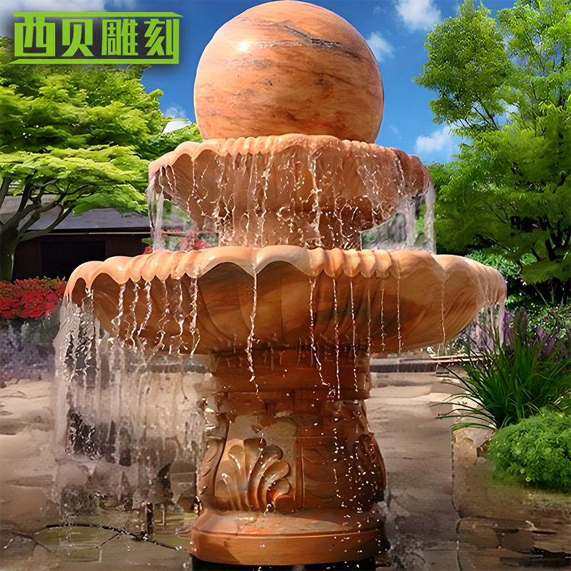 晚霞红黄锈石球形层层喷泉雕塑