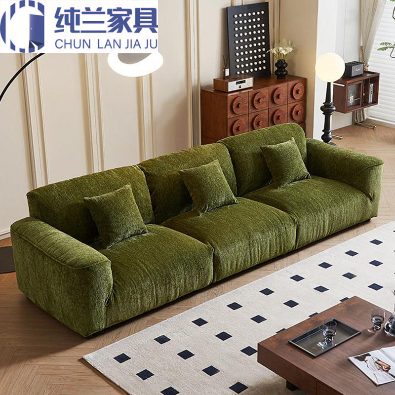 中古风布艺沙发客厅小户型直排三人位布艺沙发雪尼尔绿色泡芙沙发