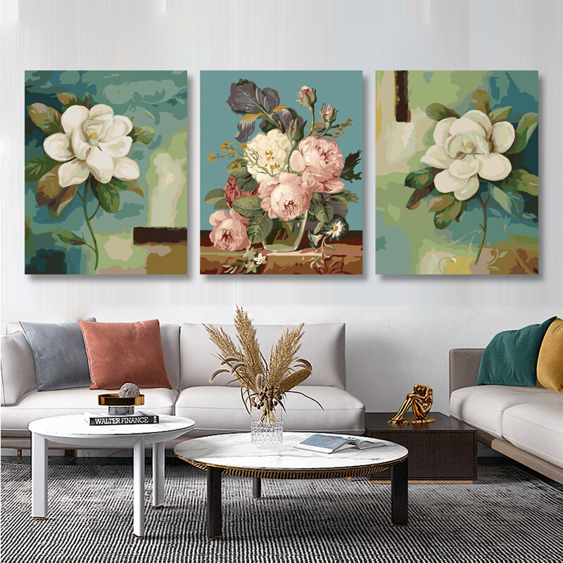 diy數字油畫填充手绘油画花卉三联画简单涂色客厅装饰画出水芙蓉图片