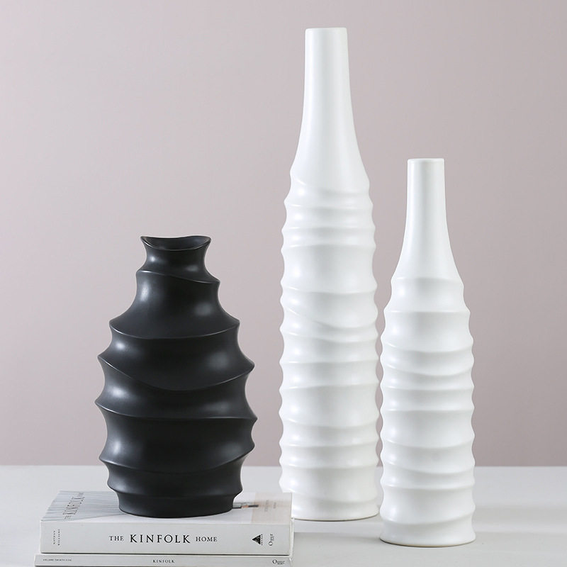 Bestwest简约螺纹陶瓷花瓶瓷器工艺品摆件家居软装饰品客厅花器