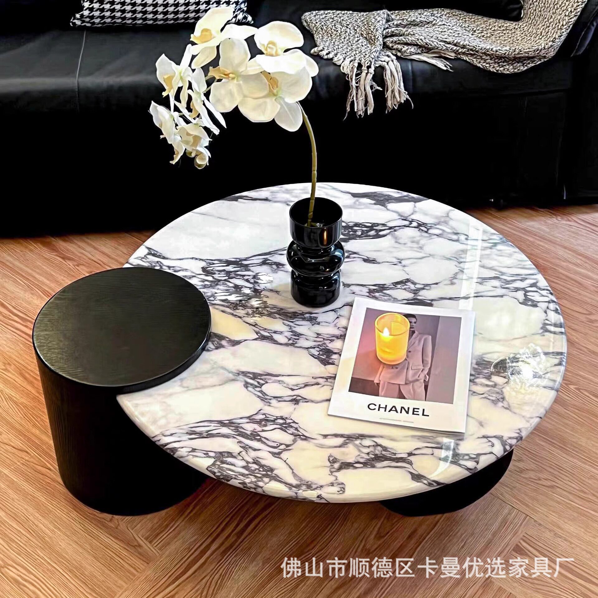 法式大理石宝格莉茶几岩板客厅家用小户型圆形轻奢中古风现代简约