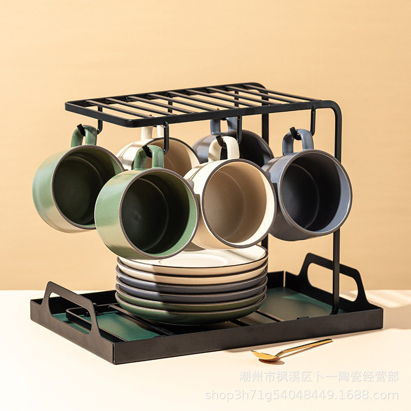 哑光陶瓷咖啡杯套装带铁架收纳托盘日式复古创意下午茶茶具马克杯