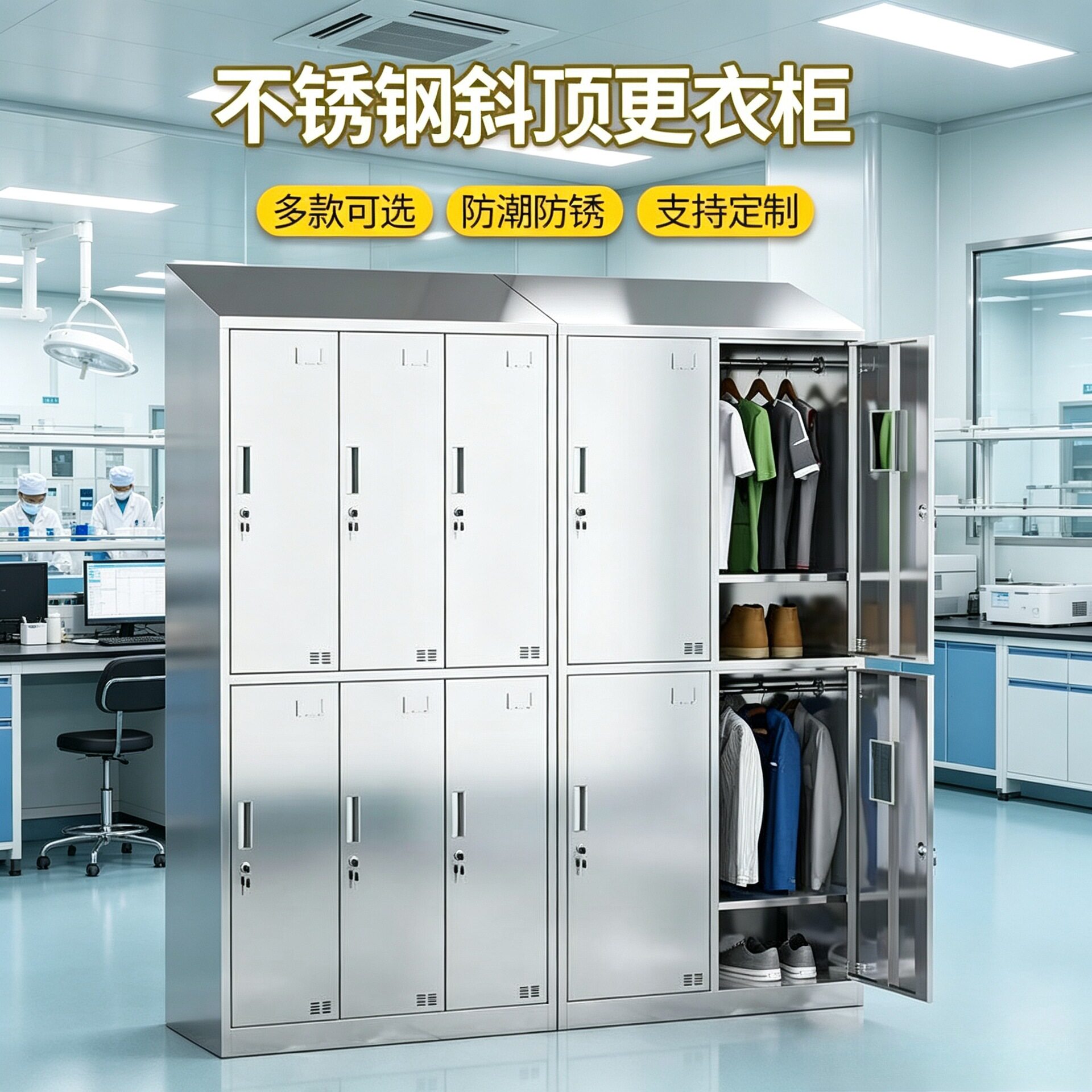 304不锈钢多门带锁斜顶更衣柜