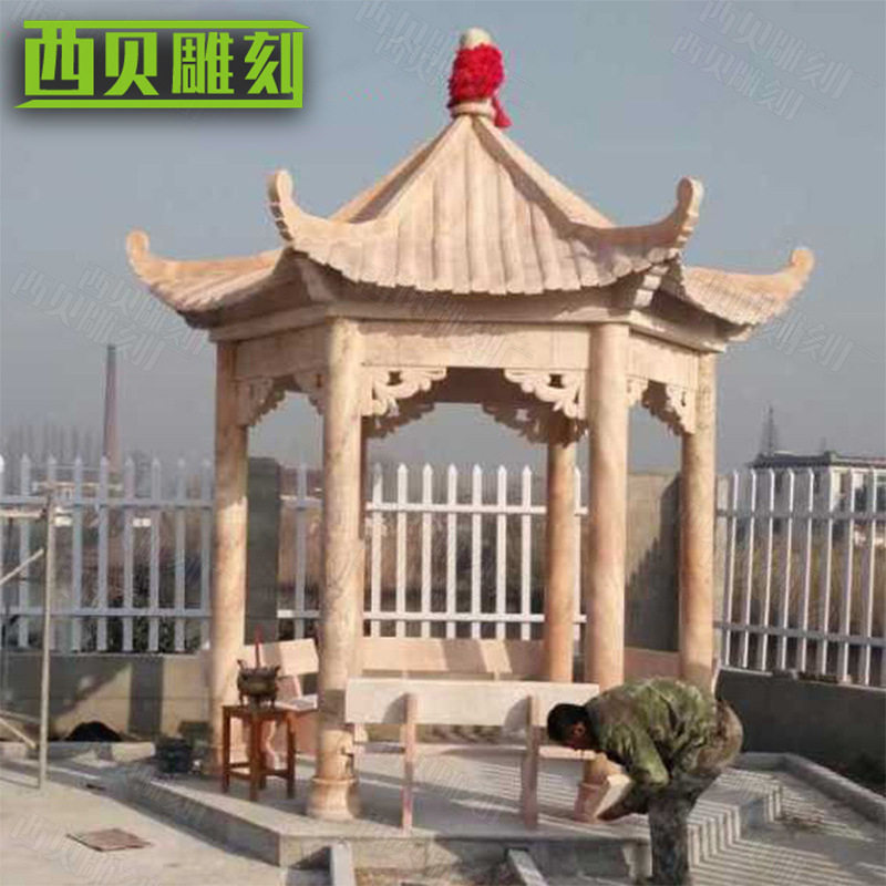 传统中式大理石景观亭子 户外石雕凉亭 石材古典六角景观亭