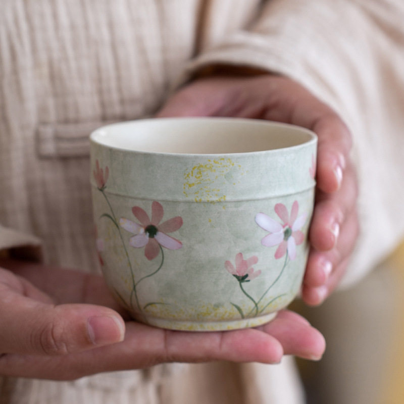 粗陶手绘雏菊建水陶瓷笔洗小号茶洗水盂桌面茶渣缸茶道功夫配件