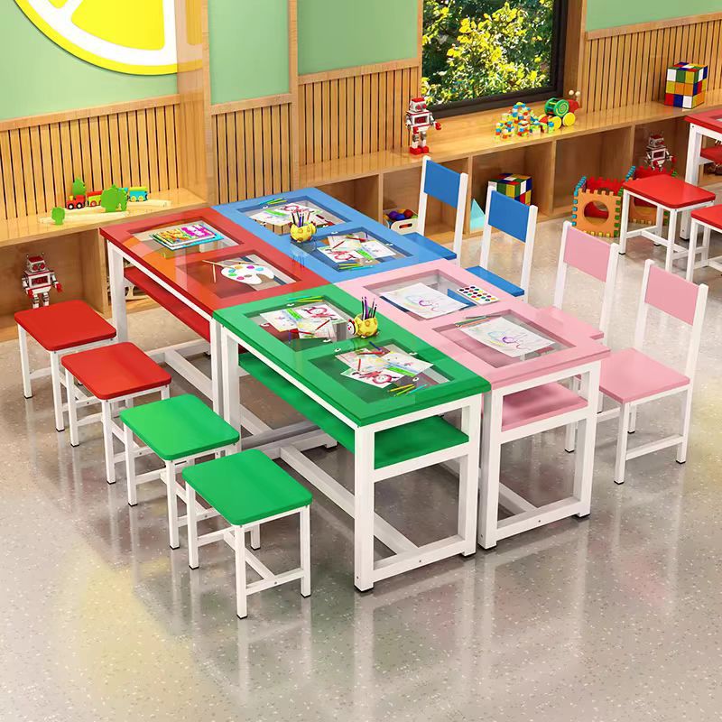 幼儿园小学生双层手工美术绘画桌圆角钢化玻璃桌画室课桌椅组合