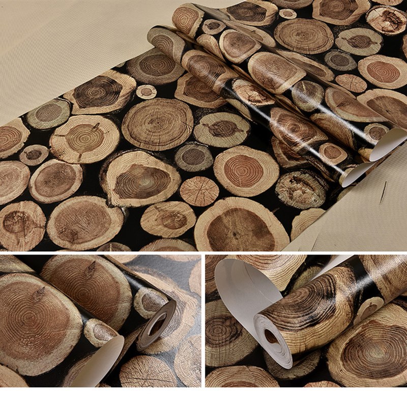中式3D立体仿木桩木头墙纸 树桩圆木茶楼咖啡馆火锅店背景墙壁纸
