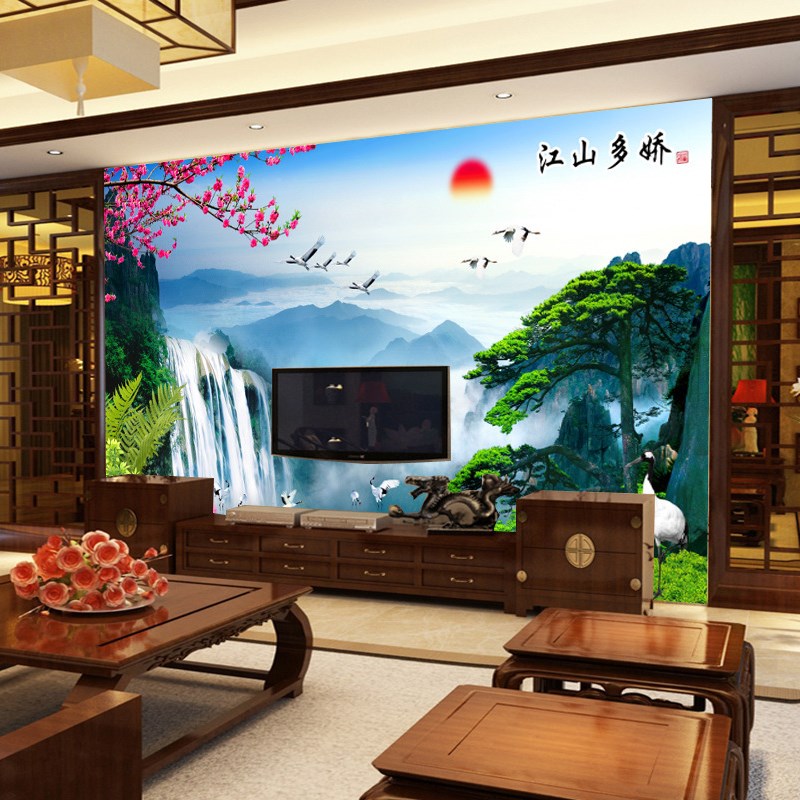 3d立体电视背景墙壁纸壁画中式客厅卧室迎客松壁画无缝无纺布墙纸