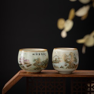 青玉汝窑桃源春宴图四方茶杯主人杯李辉熠茶盏R汝瓷复古龙旦品茗
