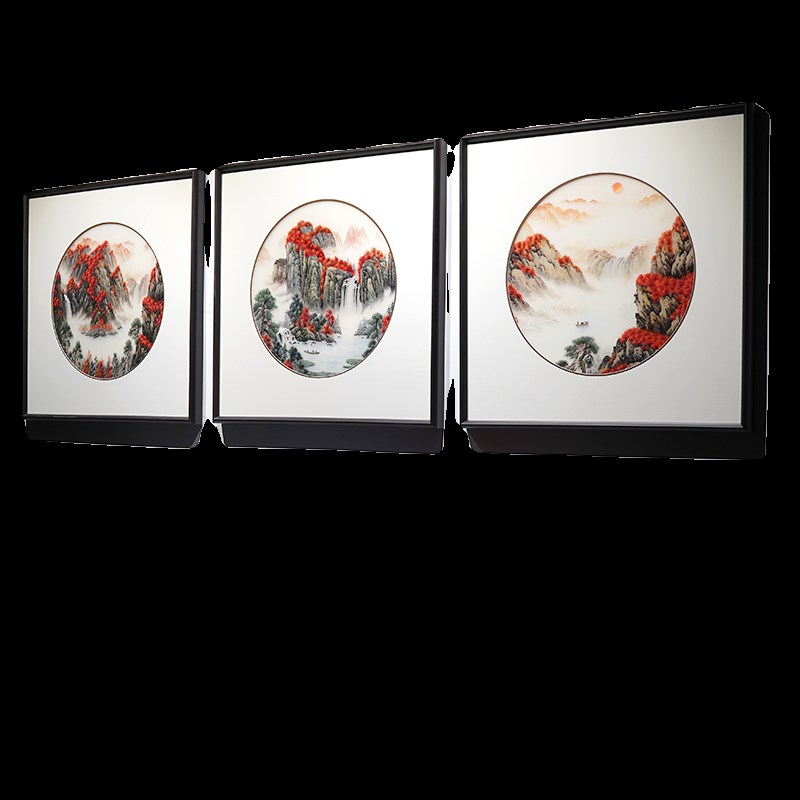 苏绣新中式三联幅刺绣挂画鸿运当头精品手K工书房餐客厅成品装饰图片