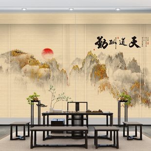 遮阳禅意中式 饰画山水茶室升降隔断 竹帘卷帘窗帘卷拉式 帘子风景装