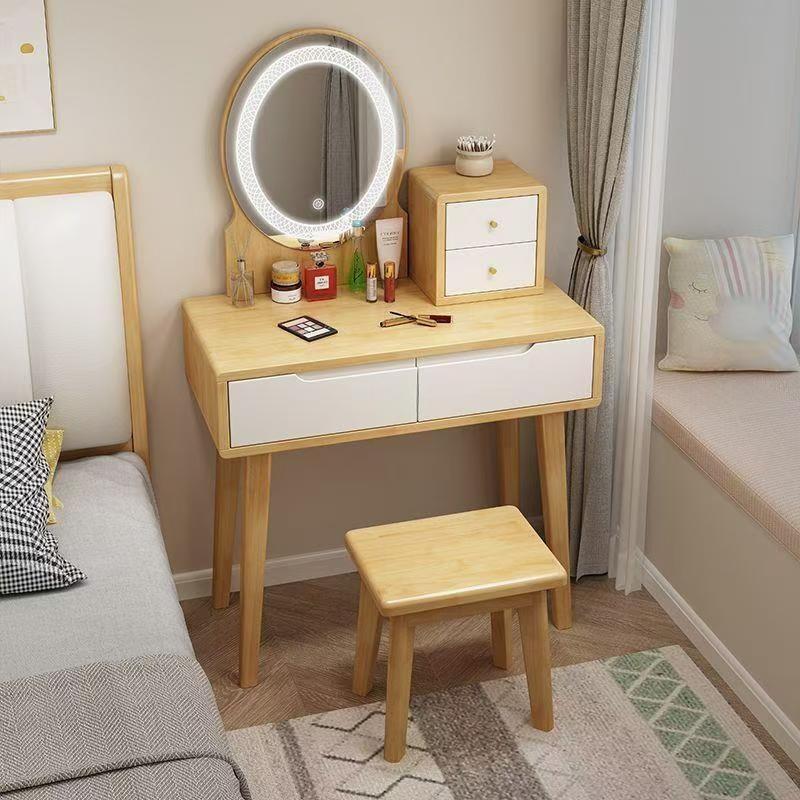 全实木北欧梳妆台现代简约卧室小户型60/80cm家用网红带灯化妆桌