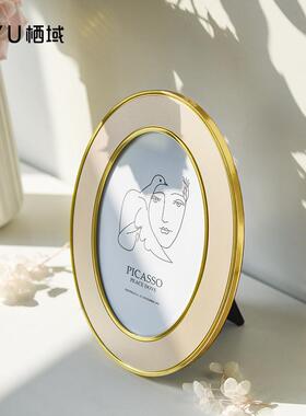 19EK欧式复古椭圆形相框摆台金属黑色银色6寸7金色客厅简约桌摆照