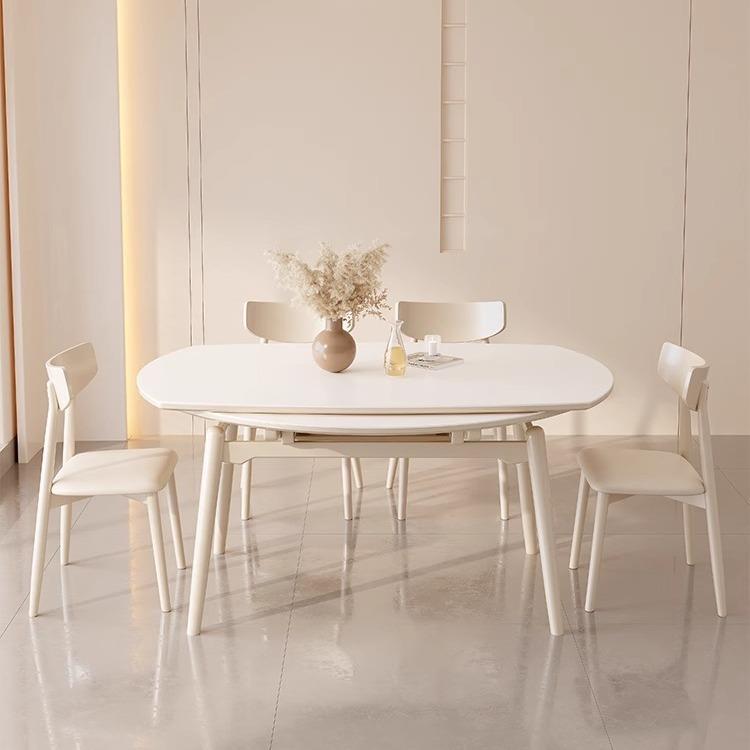 可伸缩折叠圆桌现代简约家用小户型多功能实木奶油岩板餐桌椅组合