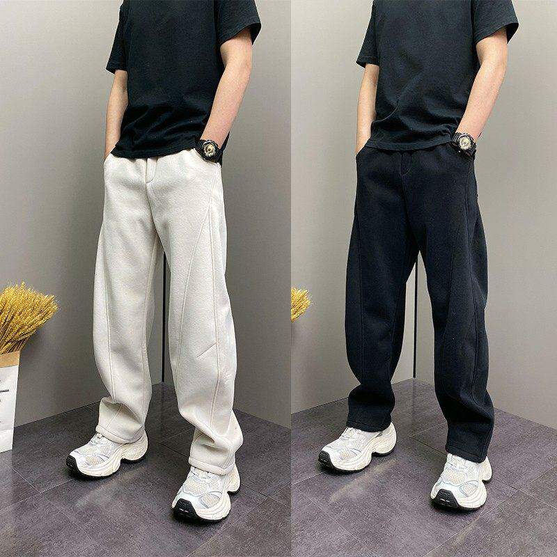 冬季重磅加绒加厚立体剪裁弯刀直筒卫裤男女款简约纯色保暖休闲裤