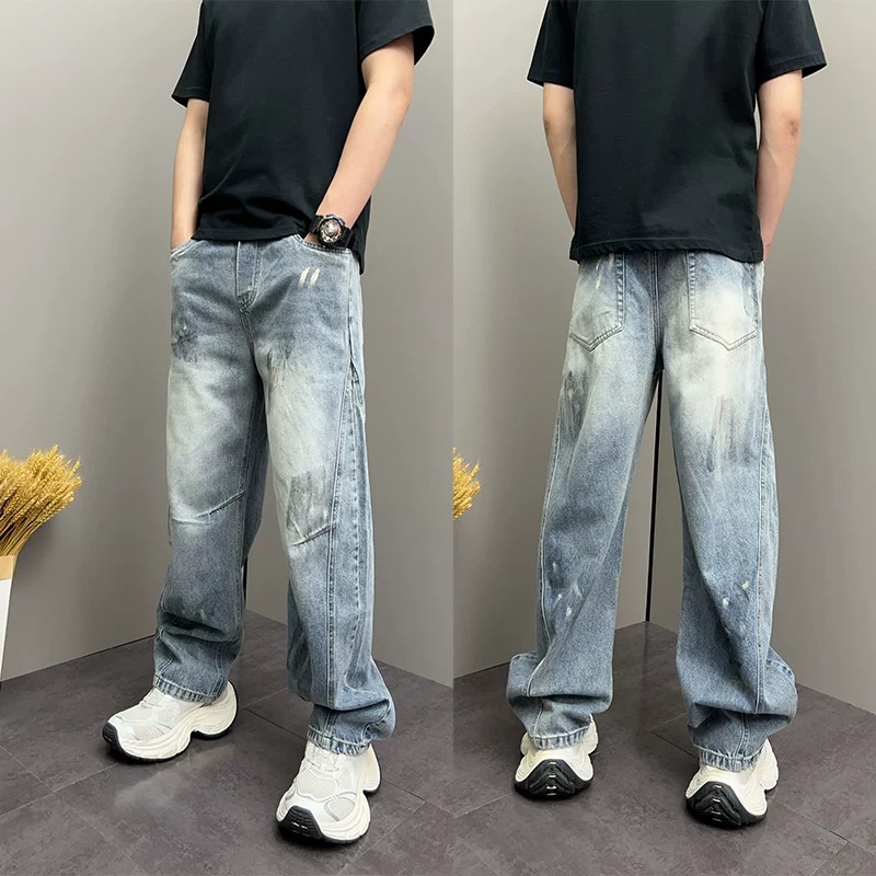 美式风手绘做旧水洗牛仔裤男