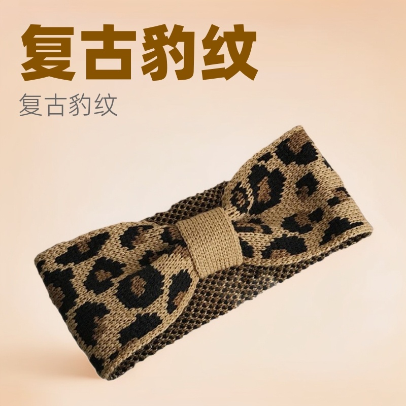 欧美复古豹纹针织发带宽边毛线头巾发箍秋冬女式束发带蝴蝶结