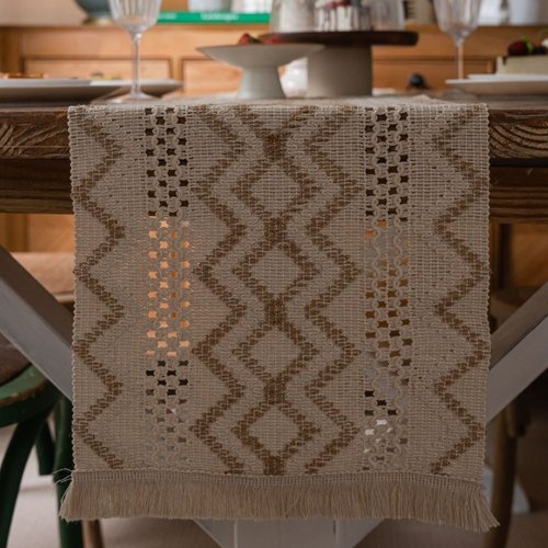 美式复古桌旗圣诞节长条流苏卡其色编织提花波浪茶旗电视柜装饰