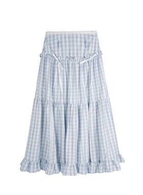 Sanowers甜美温柔格子蛋糕裙女夏季花边高腰显瘦格纹半身裙中长款