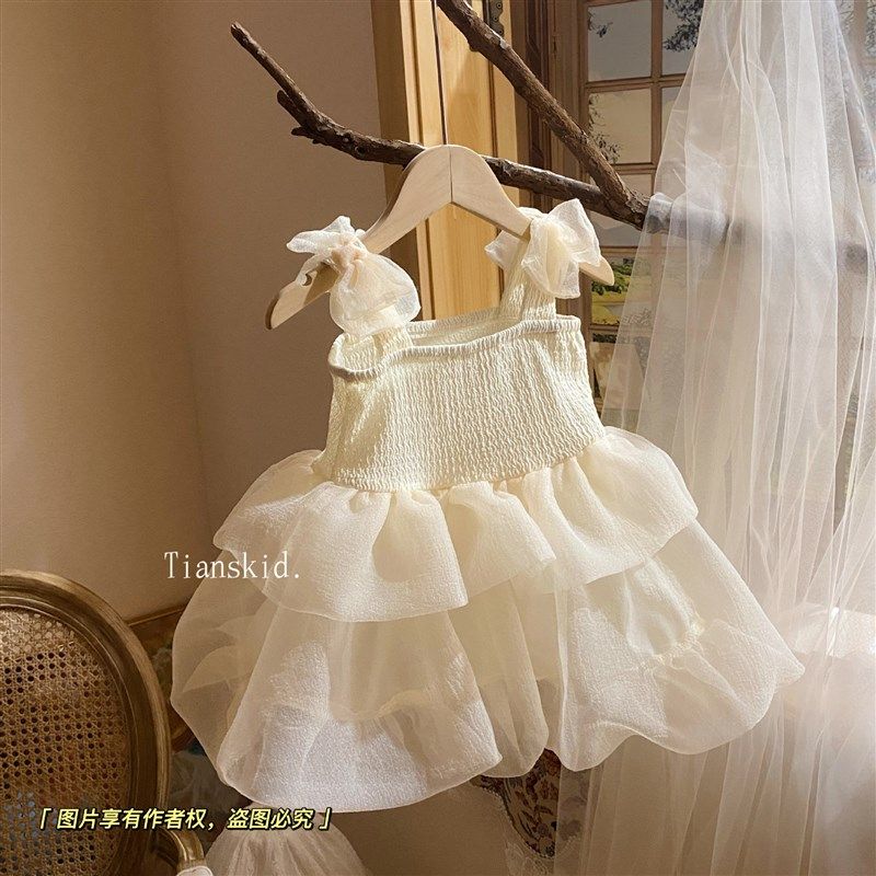 泡泡家 2023韩国童装洋派女童气质蝴蝶结吊带裙网纱裙蓬蓬蛋糕裙