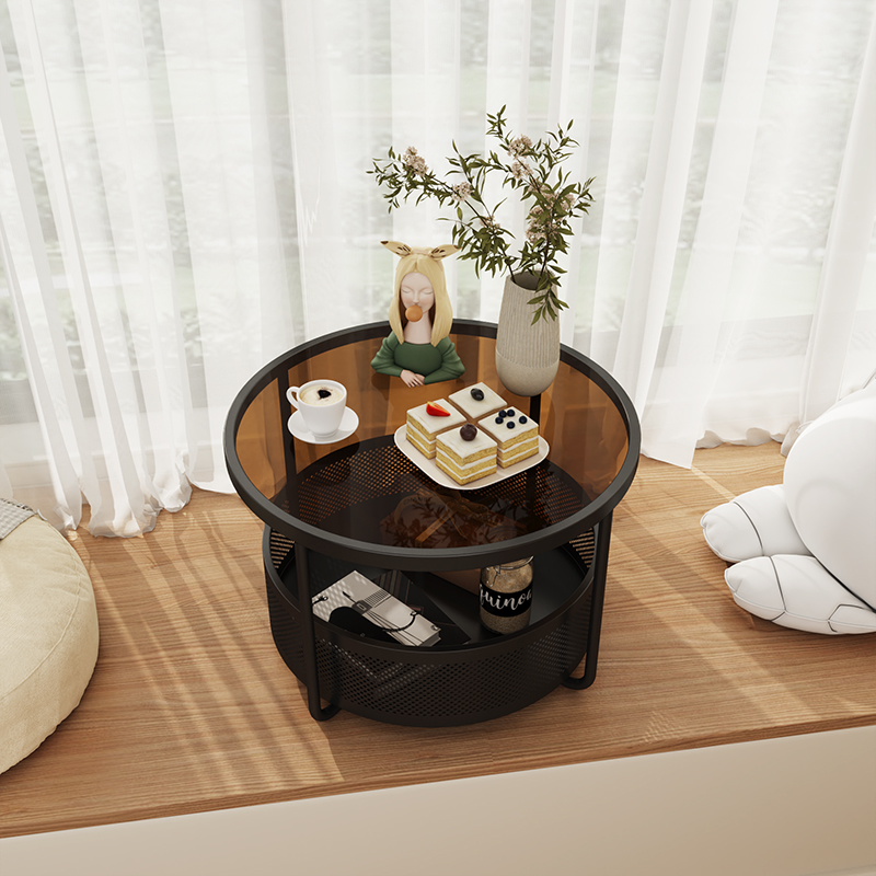 网红飘窗小桌子藤编茶几钢化玻璃超白卧室窗台榻榻米圆形矮桌坐地