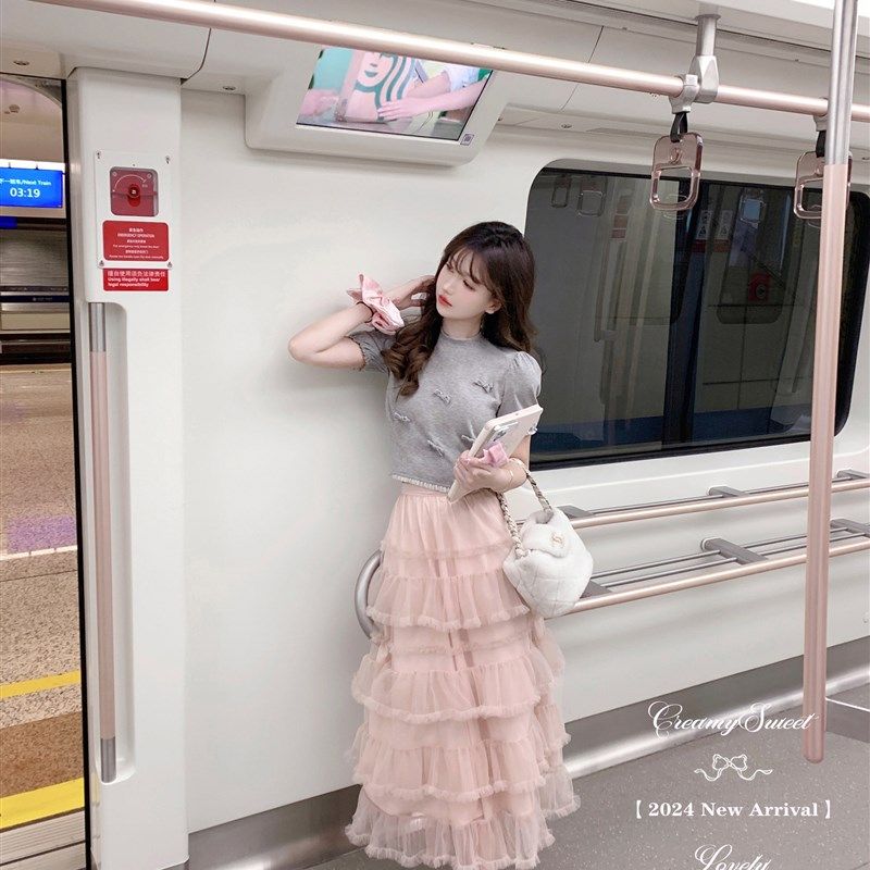 CreamySweet 灰调水蜜桃 蝴蝶结T恤女温柔粉色纱裙半身长裙蛋糕裙